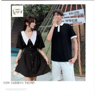 🌻Set đầm vải xòe cổ sen phối cổ trắng tay loe 6 nút hoa xinh xắn + Áo thun cổ polo trắng