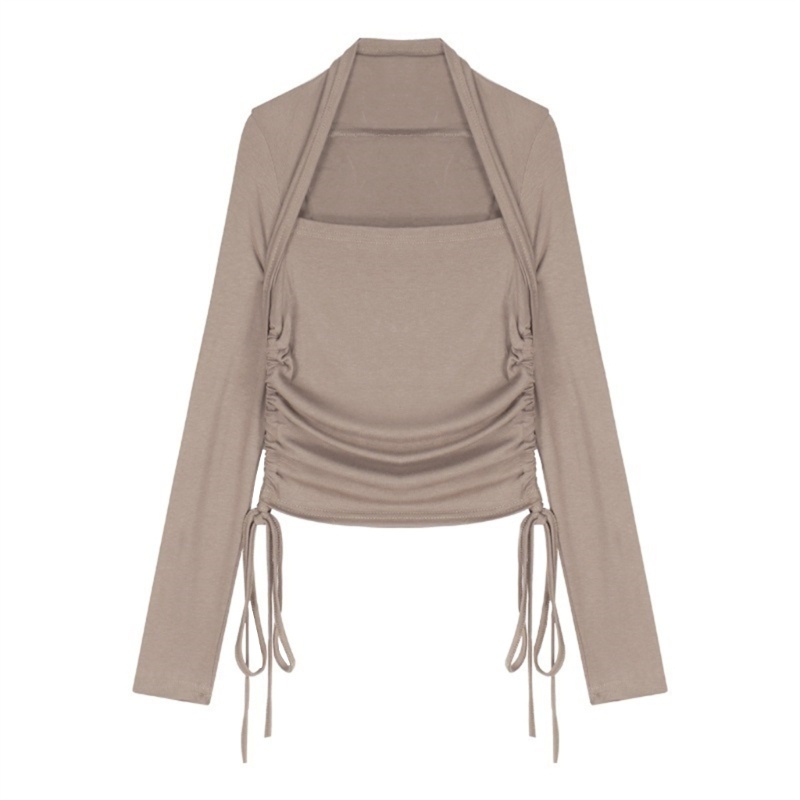 Áo Croptop Cổ Vuông Dài Tay Ôm Dáng Phối Dây Rút Gợi Cảm Cho Nữ