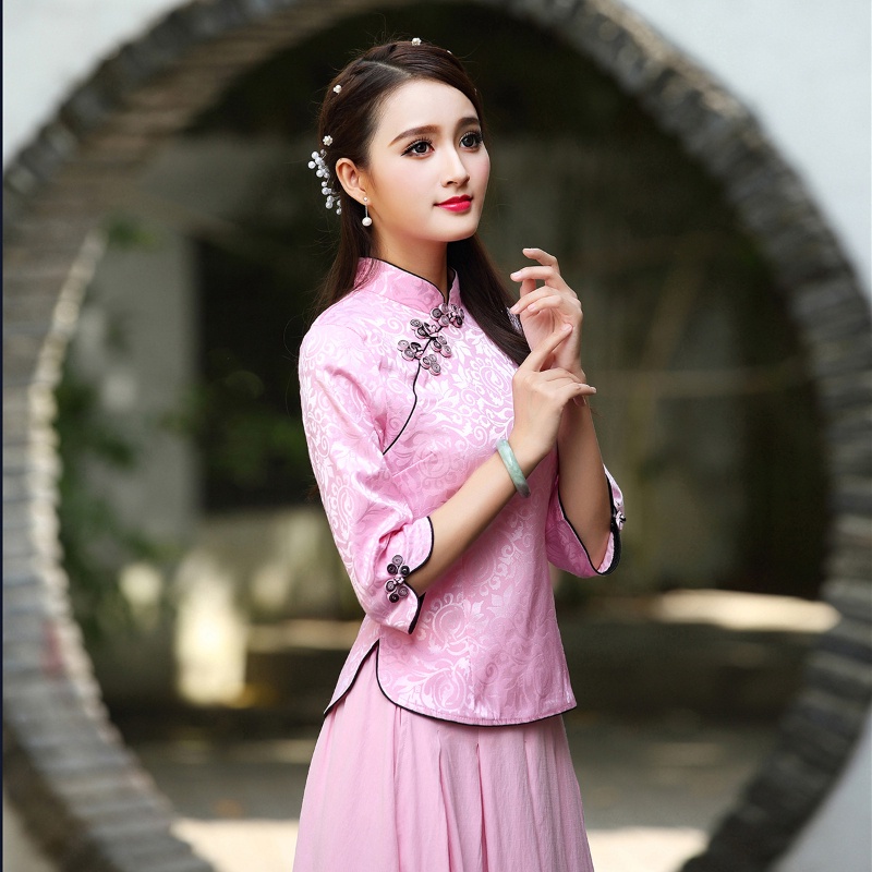 IELGY  Xia Qipao Áo Sơ Mi Nữ Cách Tân Trà Ôm Dáng Phong Cách Trung Hoa