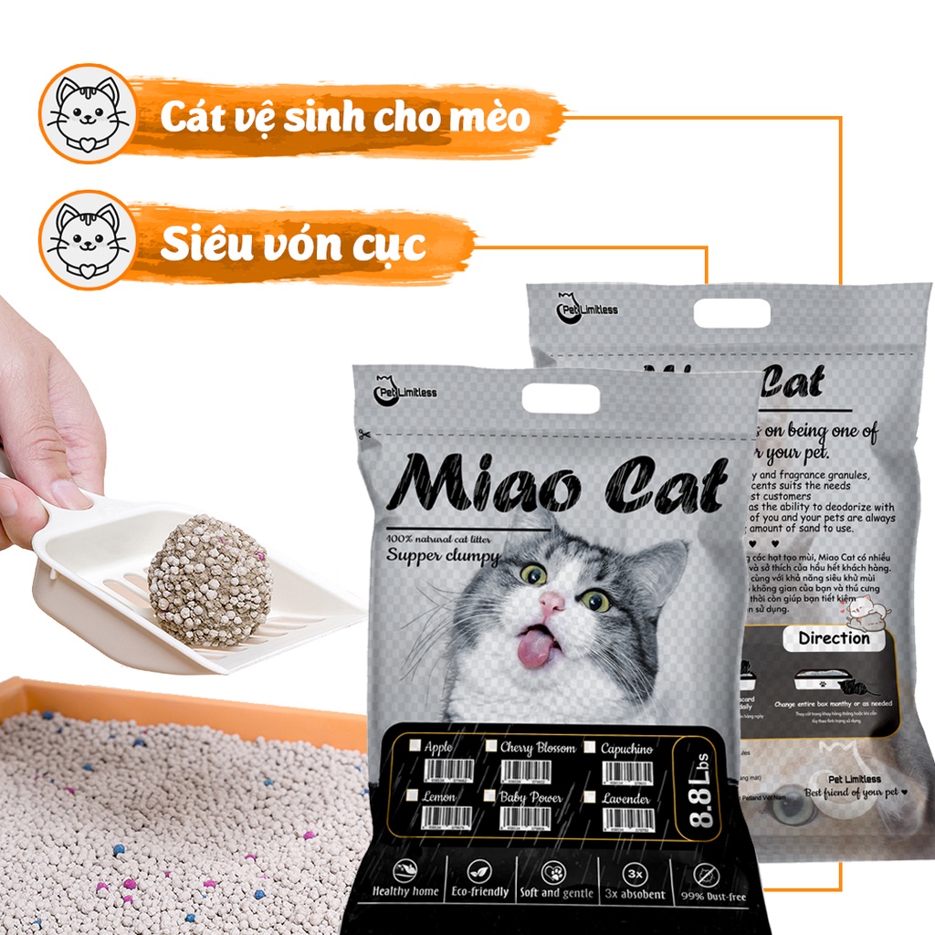 Cát vệ sinh cho mèo Miao Cat siêu vón cục và khử mùi 8.8l
