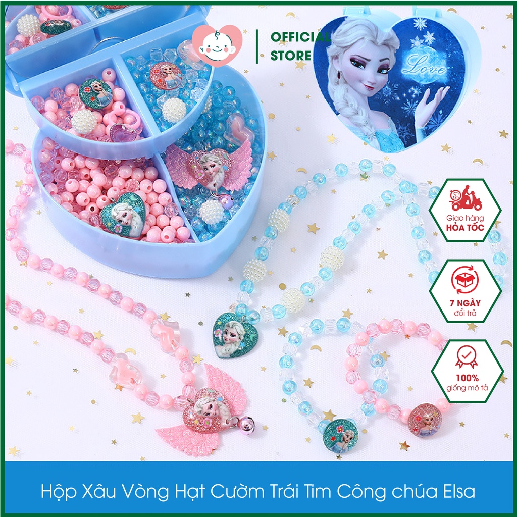 Hộp Xâu Vòng Hạt Cườm Trái Tim Công chúa Elsa Frozen Có Gương Soi Kèm Phụ Kiện Cuộn Cước