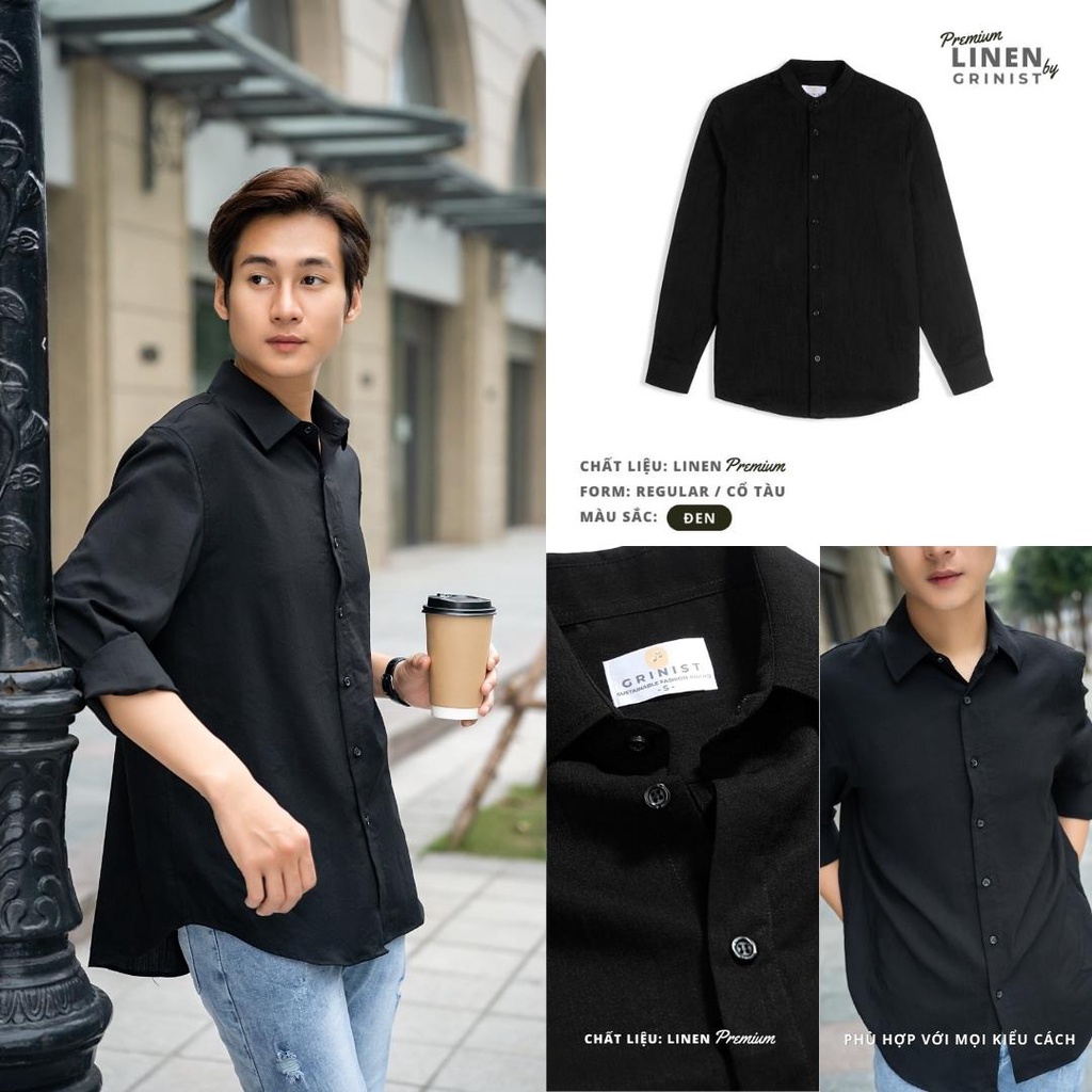 ÁO SƠ MI NAM - GRINIST - Màu Đen Cổ Đức Premium Linen