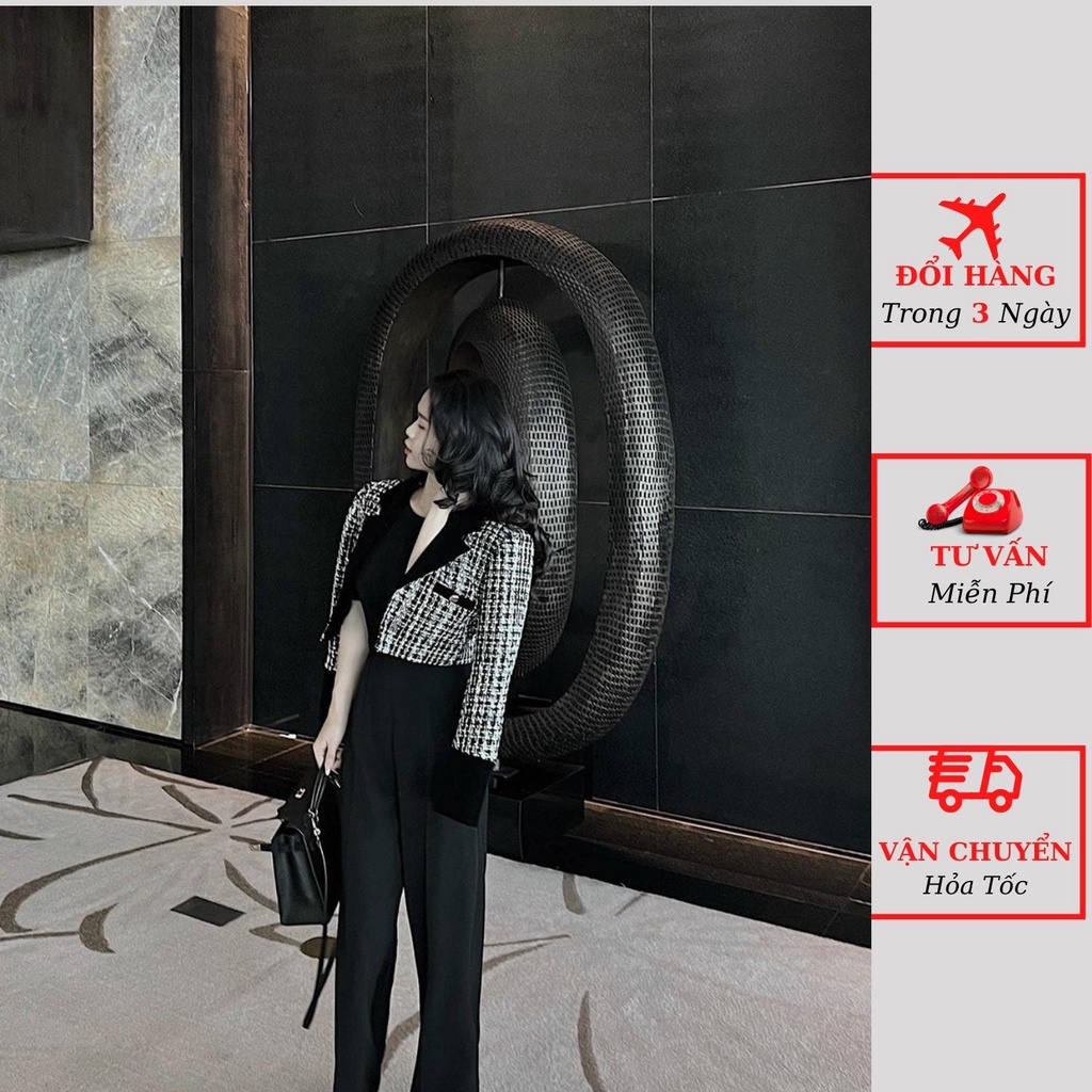 Áo khoác dạ tweed nữ kẻ caro viền nhung dáng ngắn croptop sang chảnh đi tiệc cưới thu đông ulzzang Hàn Quốc
