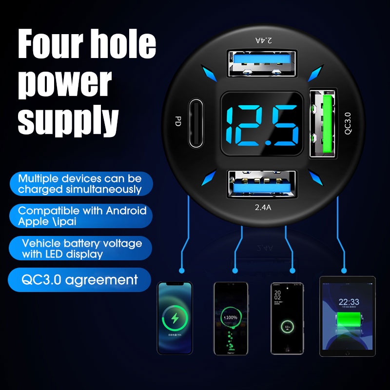 Tẩu Sạc Nhanh 4 Cổng USB PD &amp; QC 4.0 PD 20W QC4.0 66W Màn Hình LED Cho Xe Hơi