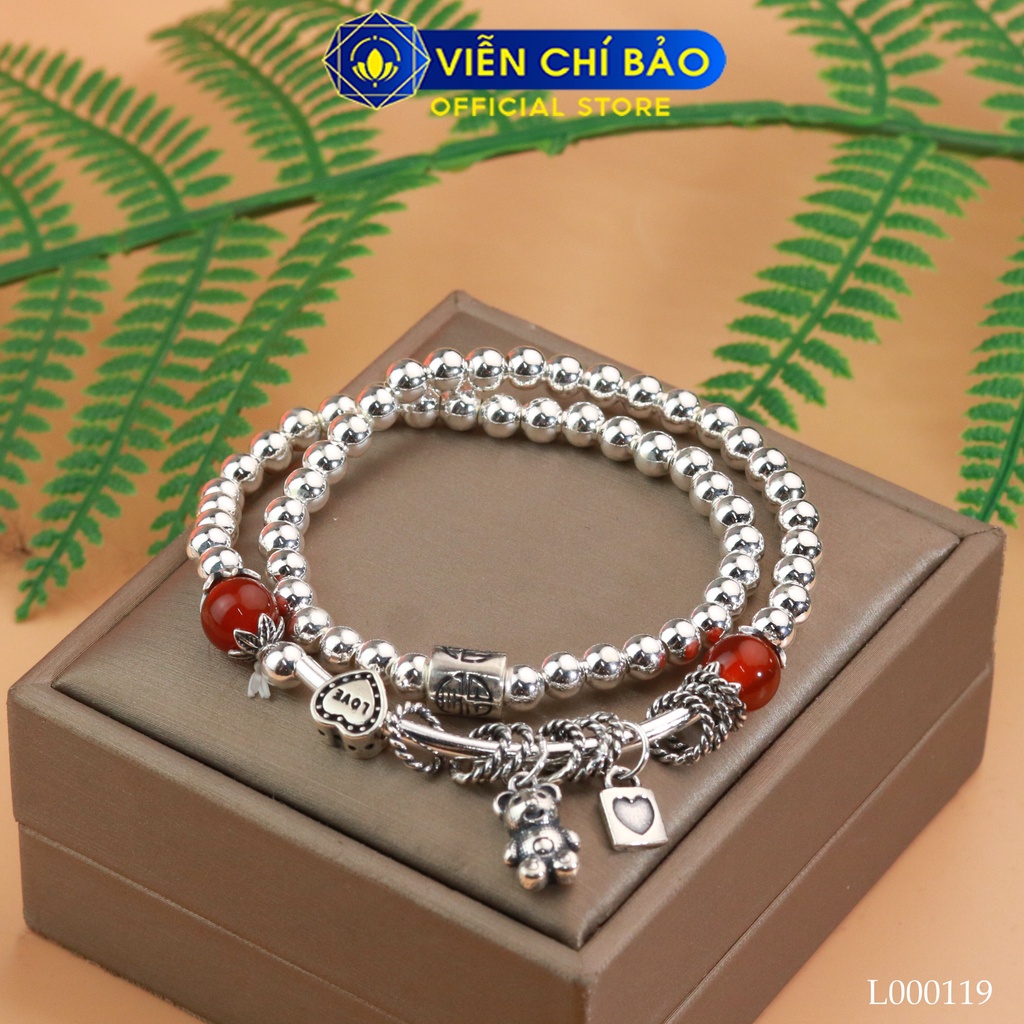 Vòng tay bạc nữ bi charm gấu đá đỏ chất liệu bạc 925 thời trang phụ kiện trang sức Viễn Chí Bảo L000119