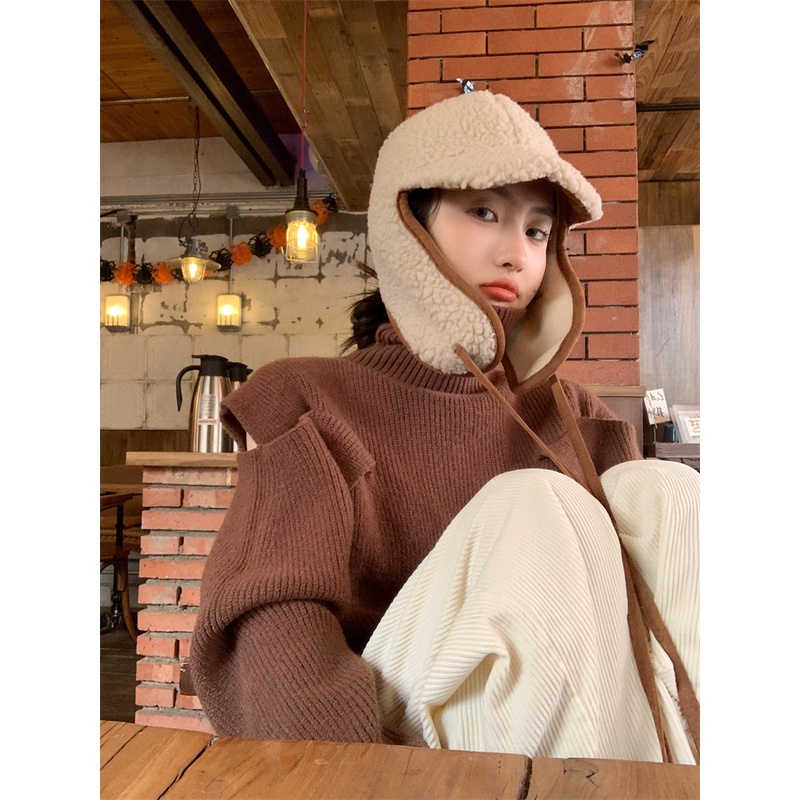 ZHELIHANGFEI Áo Len Tay Dài Cổ Cao Form Rộng Kiểu Dáng Ngọt Ngào