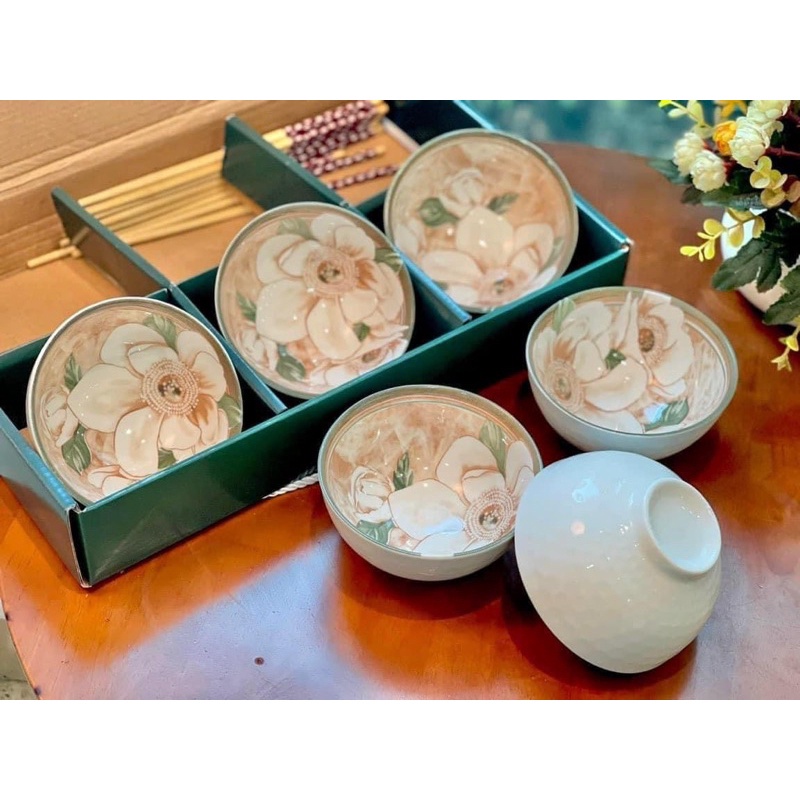 HỘP 6 CHÉN BÁT GỐM SỨ NHẬT BẢN KÈM ĐŨA ĂN, ĐỘC ĐÁO VỀ HOA VĂN VÀ CHẤT MEN CỰC ĐẸP, CHỊU NHIỆT TỐT