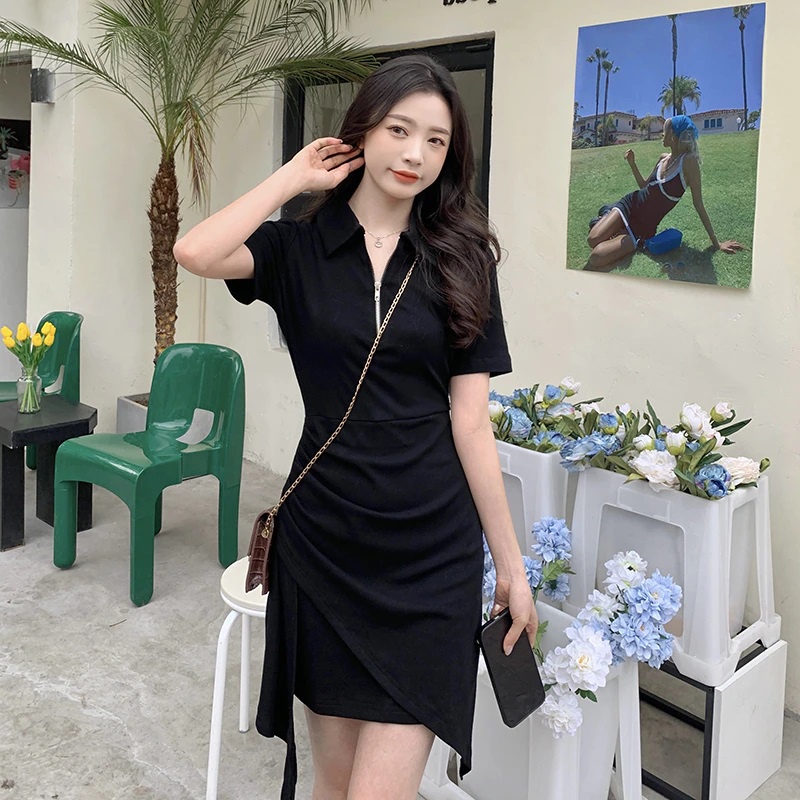 Đầm Thun Cổ Bẻ Phối Khóa Kéo Lệch Tà Ôm Body Thời Trang Nữ Độc Đáo