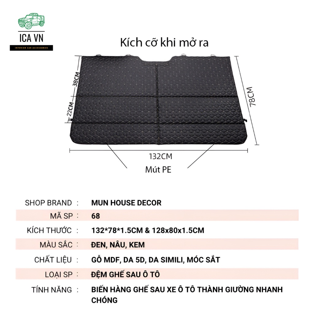 Nệm xe ô tô cao cấp gấp gọn tiện dụng, đệm nằm sau xe ô tô không bơm hơi dạng treo, đệm ô tô ghế sau mã ICA03