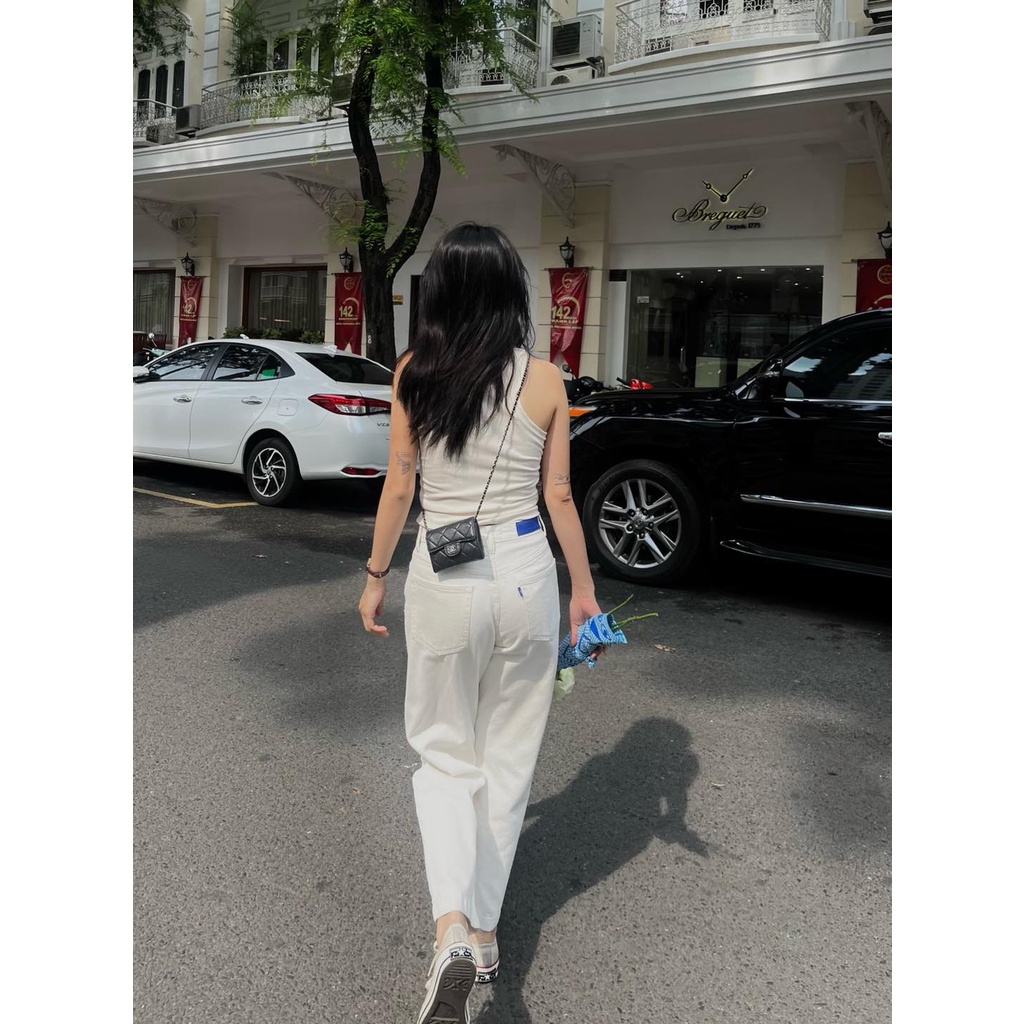 TheBlueTshirt - Quần Jeans Lưng Cao Nữ Ống Rộng Màu Trắng - The Original Dad Jeans - White Vintage