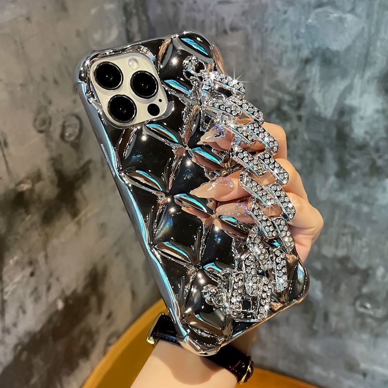 Ốp Điện Thoại Dẻo Tráng Gương Đính Đá Sang Trọng Kèm Vòng Đeo Tay Cho iPhone 14 Pro Max 11 12 13 14Plus