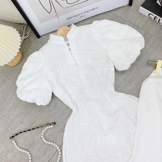 Set Áo Dài Trắng Xốp Dập Và Quần Lụa