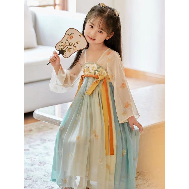 Đầm Hán Phục Màu Xanh Lá / Cam Thêu Họa Tiết Phong Cách Trung Hoa Cổ Điển Xinh Xắn Cho Bé Gái