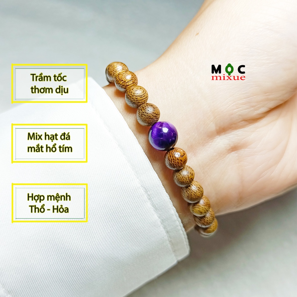 Vòng tay trầm hương 6 ly mix hạt đá mắt hổ tím 8 ly hợp nữ mệnh thổ mệnh hỏa - Mộc mixue
