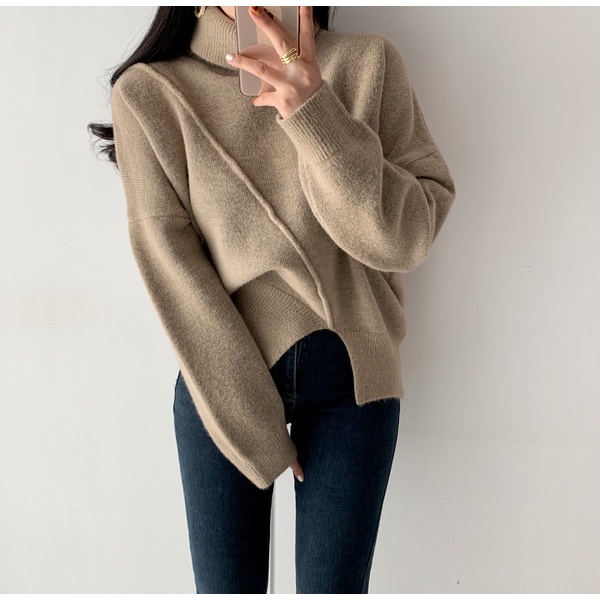 Áo Sweater Dệt Kim Cổ Cao Dày Dặn Xẻ Tà Phong Cách Hàn Quốc Thời Trang Mùa Thu Mới Cho Nữ