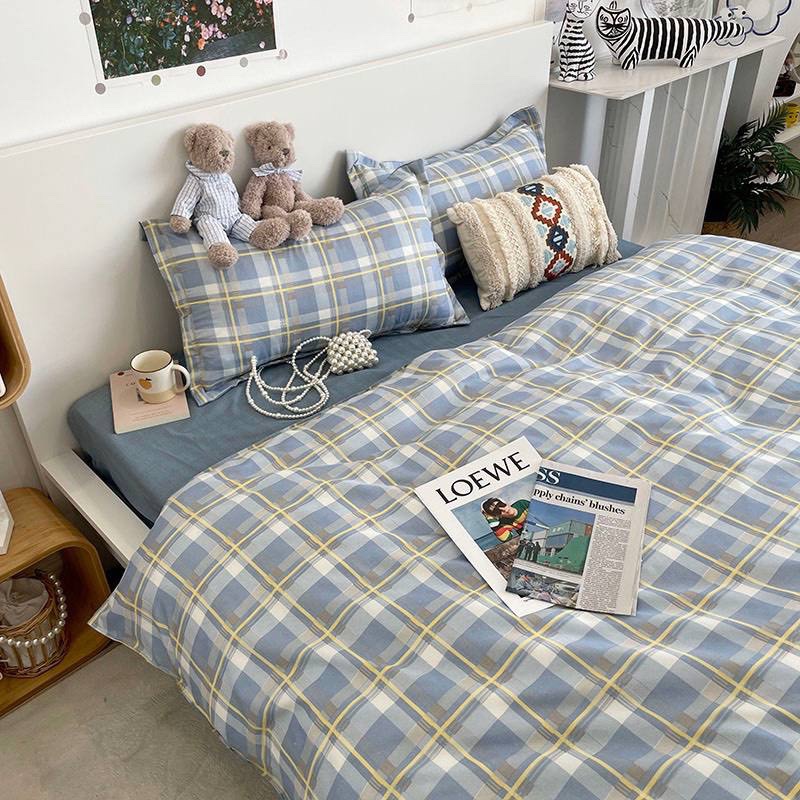 Bộ vỏ chăn ga gối 4 món Cotton Polyester kẻ ô xanh vàng