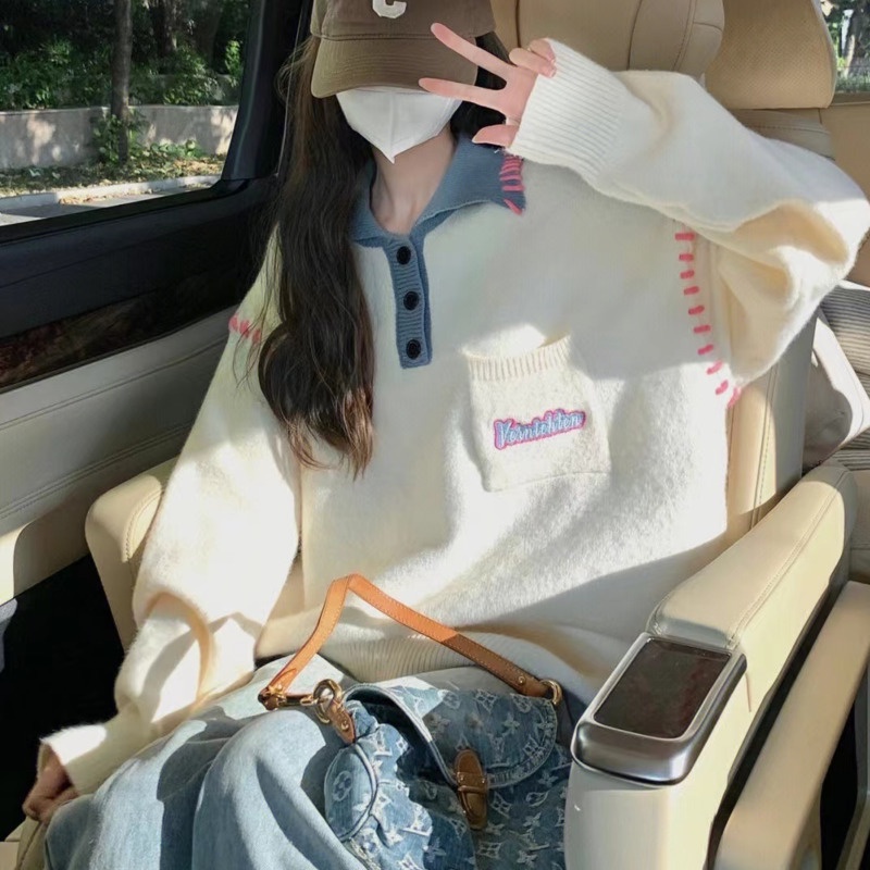 Áo sweater Cổ POLO Dáng Rộng Màu Sắc Thời Trang Thu Đông Phong Cách Hàn Quốc