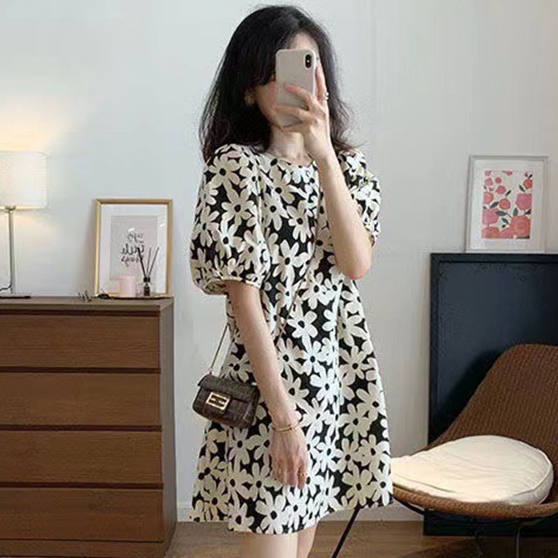 Aphrod   Đầm Tay Phồng Dáng Rộng In Họa Tiết Đơn Giản Thời Trang Pháp Cổ Điển Cho Nữ