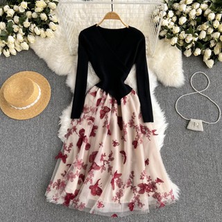 #2754 [Order] Đầm len dài tay dáng cổ chữ V chất voan 2 lớp thêu hoa 3 màu