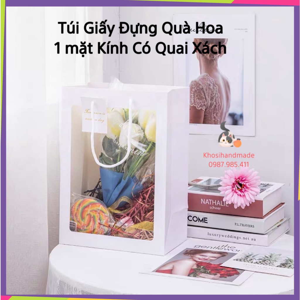 Túi Giấy 1 Mặt Kính Có Quai Xách Dùng Đựng Quà Tặng, Hoa Tiện Lợi Size