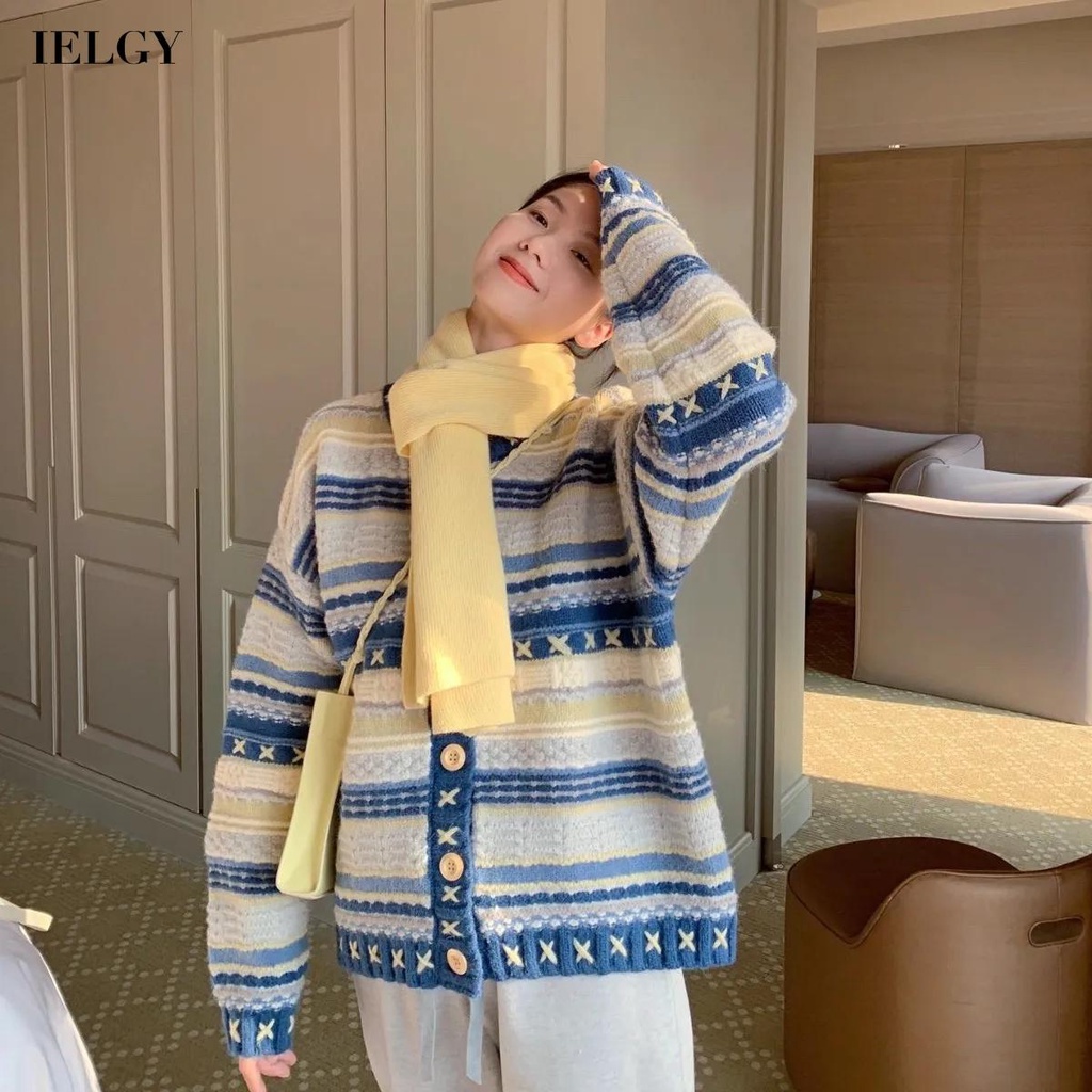 IELGY Áo cardigan Dệt Kim Cổ Tròn Dáng Rộng Màu Xanh Dương Thời Trang Cho Nữ