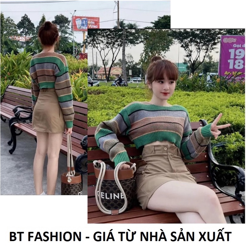 Áo Len Kẻ Sọc Crop Top - BT Fashion