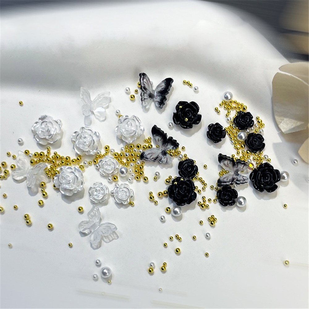 1 Hộp Phụ Kiện Trang Trí Móng Tay Hình Hoa Trà Và Bướm Bằng Thép Đính Hạt Ngọc Trai DIY