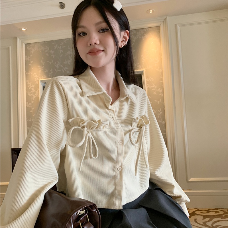 IELGY Áo Sơ Mi Nữ Tay Dài Dáng Rộng Cài Một Hàng Khuy Phối Nơ Kiểu Hàn Quốc Thời Trang