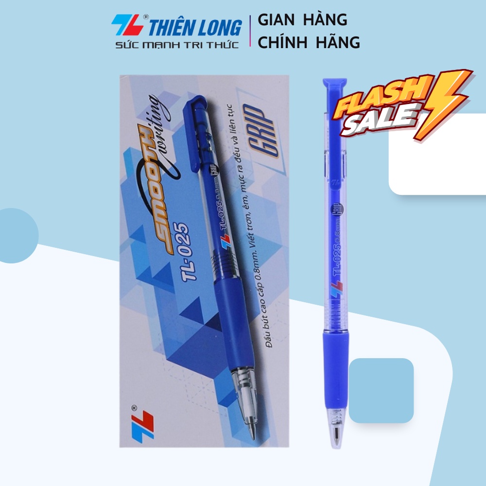 Hộp 20 bút bi Thiên Long TL-025 ngòi 0.8mm mực xanh/đỏ/đen có tấm đệm mềm giúp cầm êm tay và giảm trơn khi viết