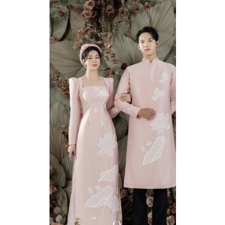 Áo dài tết hỏi cưới hoa sen