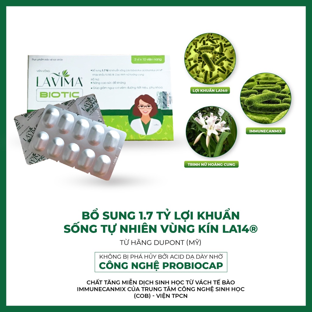 Hộp viên uống Lavima Biotic 20v tặng Gel bôi Lavima 20g