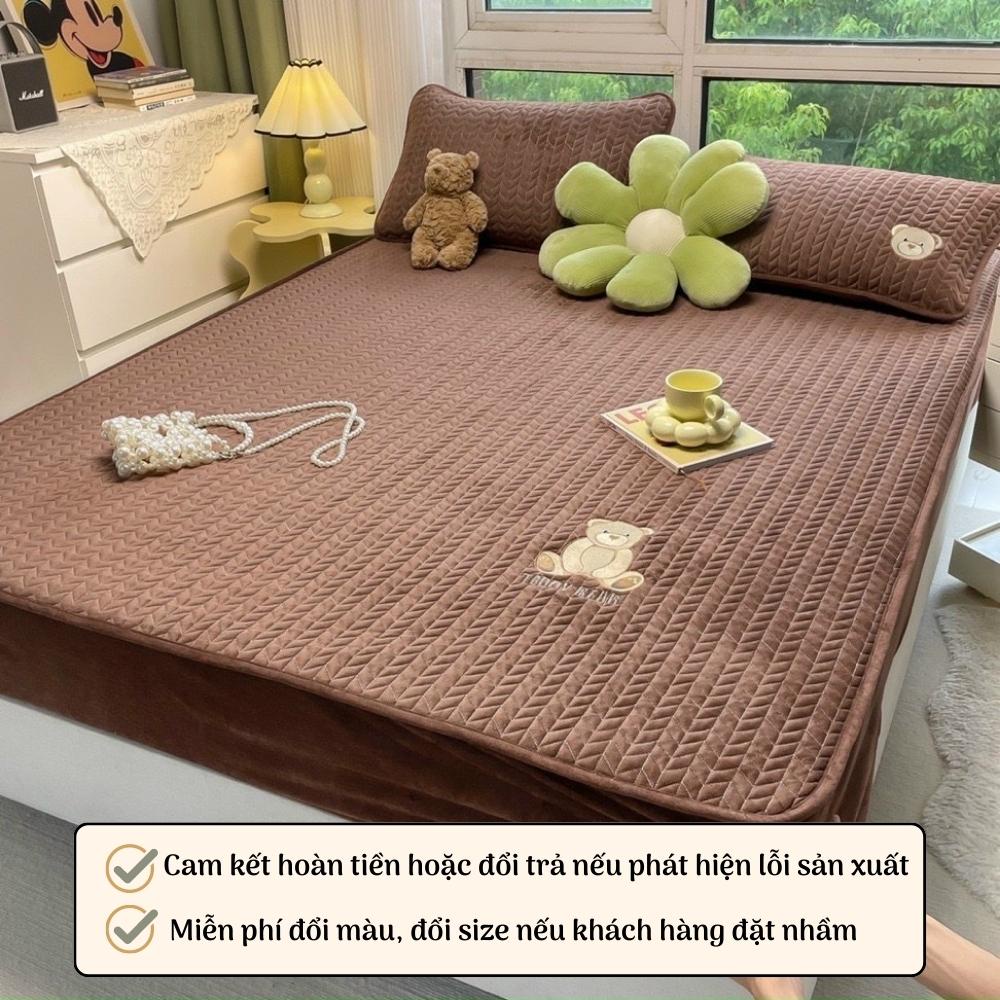 Bộ ga gối 3 món nỉ nhung họa tiết xương cá siêu mịn giữ nhiệt tốt Teddy Home, Bộ drap nệm mặt gấu thêu nổi Otama Bedding