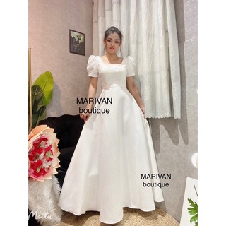 Đầm dự tiệc maxi cổ vuông xẻ lưng nơ bồng bềnh