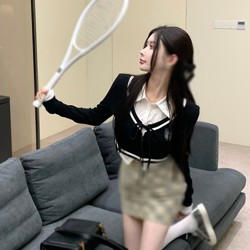 Áo Cardigan Dệt Kim Tay Dài Cổ Tròn Màu Sắc Tương Phản Thời Trang Cho Nữ