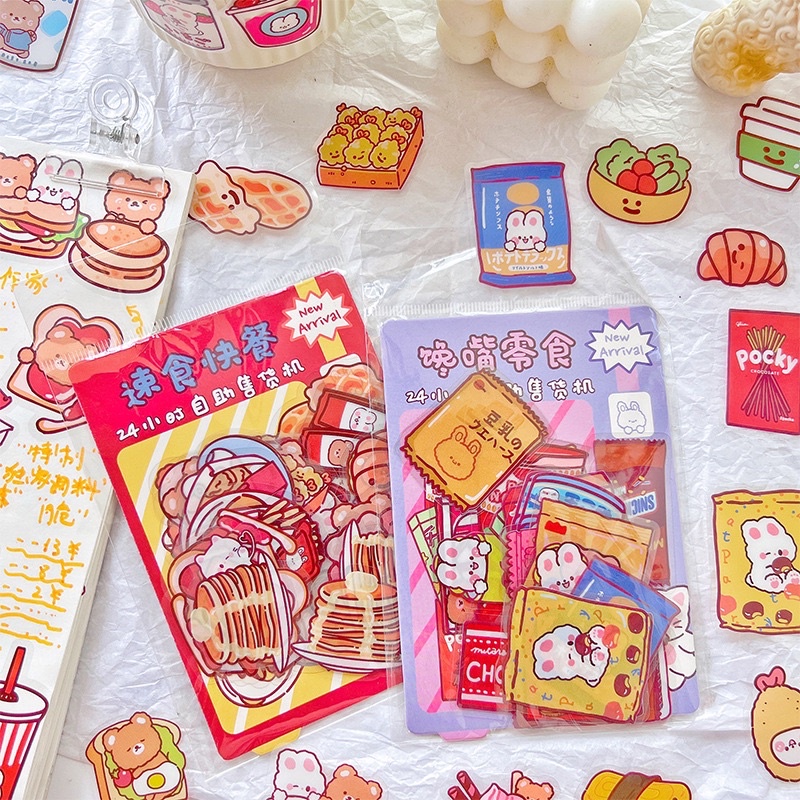 Set 40 sticker trong suốt Hình Thỏ Food, đồ ăn Siêu Dễ Thương Trang Trí Sổ Bulley journal