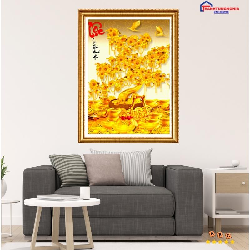 Tranh đính đá chữ lộc tiền vàng 50cm x 75cm