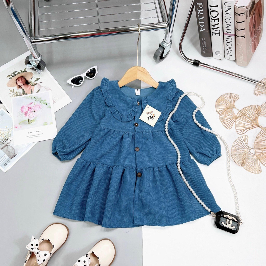 Váy Nhung Tăm Gân Dày Dặn Mềm Mại Thu Đông Dành Cho Bé Gái 10-18kg