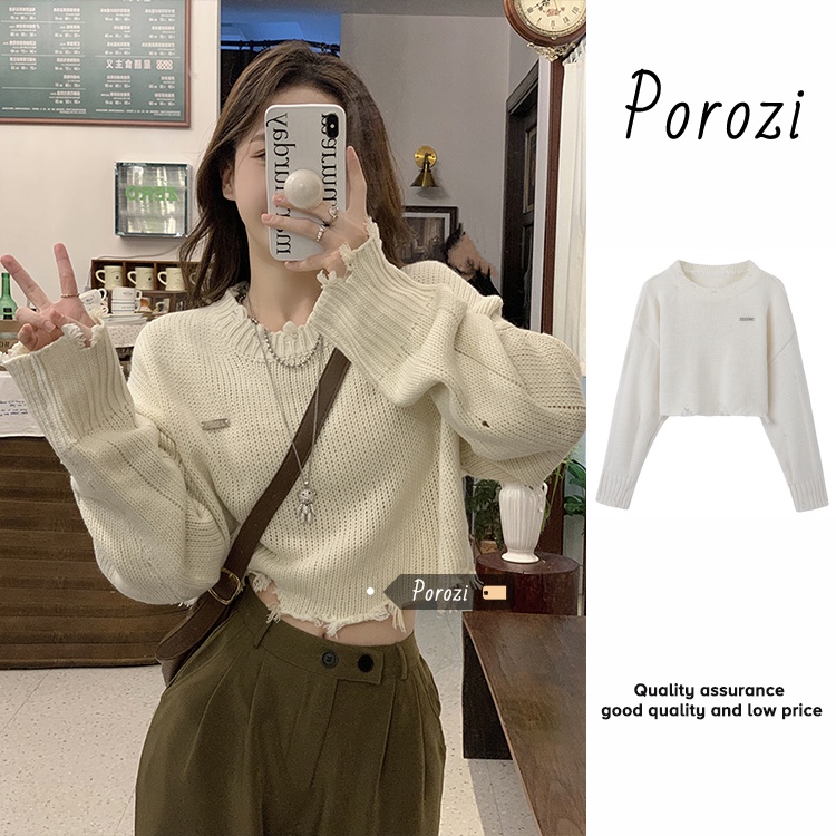 Porozi Áo sweater dệt kim tay dài cổ tròn thời trang Hàn Quốc dành cho nữ