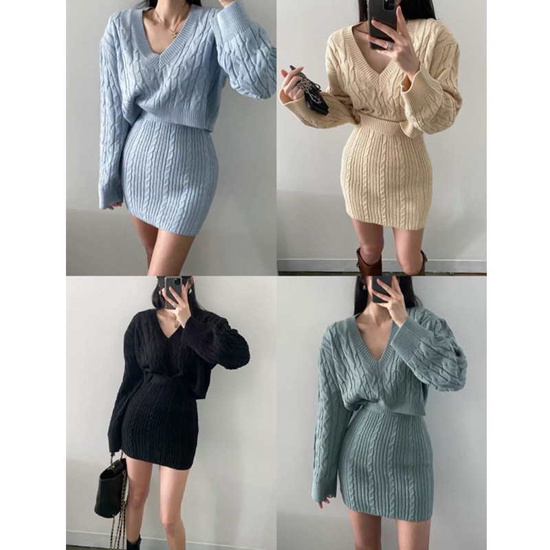 Bộ đồ dệt kim SUXI gồm áo tay dài cổ chữ V và chân váy lưng cao ôm dáng phong cách Hàn Quốc thời trang dành cho nữ