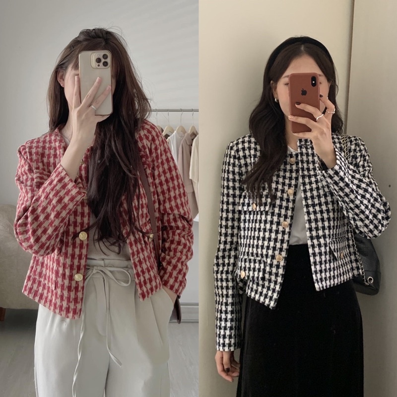Áo dạ tweed kẻ siêu xinh, áo khoác dạ có đệm vai 2 lớp dày dặn