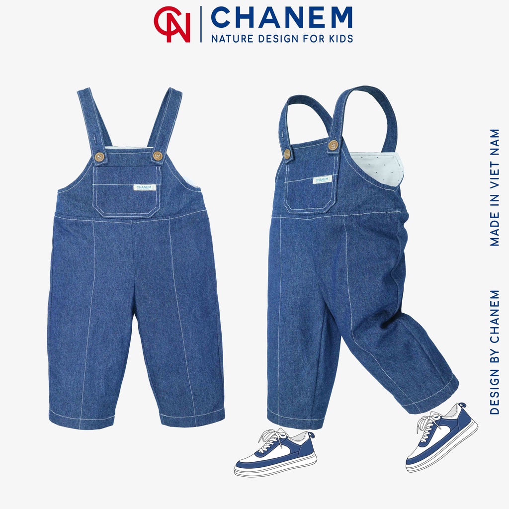 Quần yếm bò cho bé gái và bé trai NELLY CHANEM có túi trước, điều chỉnh được chiều dài dây cho bé từ 1 - 10 tuổi