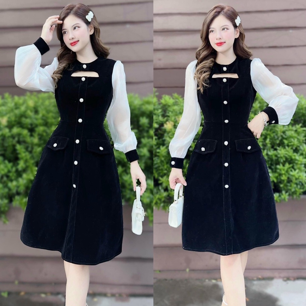 Đầm Váy Nữ Chất Liệu Nhung Đính Cúc Phối Tay Dài Voan Màu Trắng Thiết Kế Sang Chảnh Đi Làm Công Sở, Dạ Hội Và Du Lịch