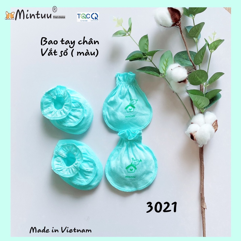 Bao tay bao chân sơ sinh, bao tay chân vắt sổ màu thương hiệu MINTUU, chất liệu vải 100% cotton