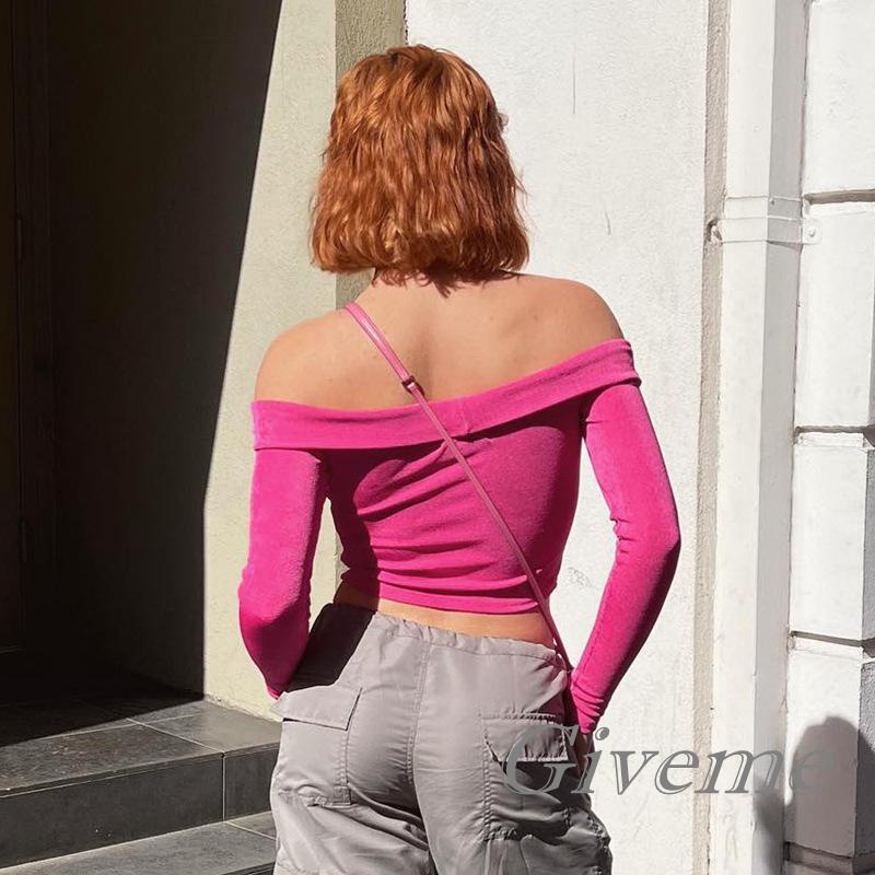 Áo Croptop Trễ Vai Tay Dài Màu Sắc Đơn Giản Cho Nữ