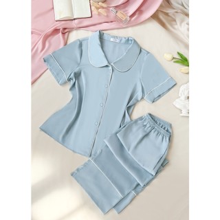 Bộ Pijama Lụa Xanh Cổ Sen Tròn Basic LPN26