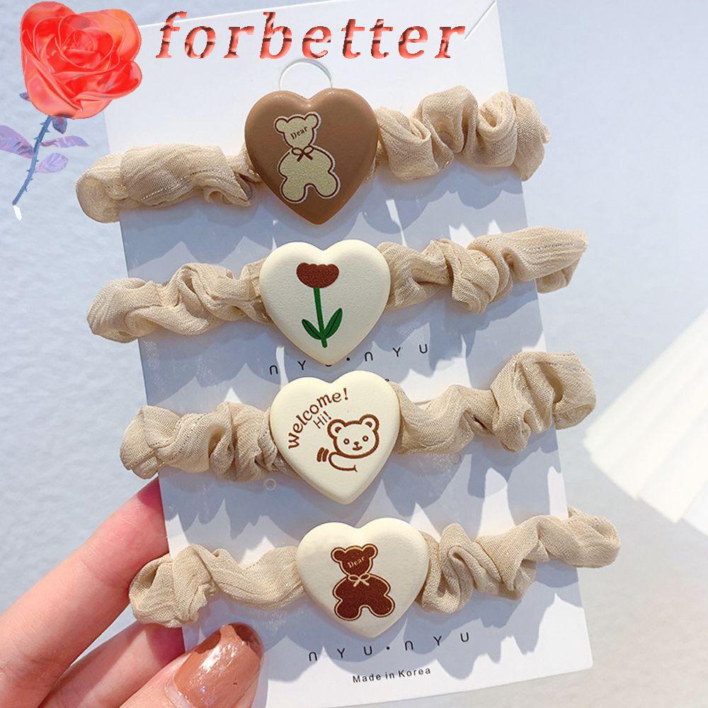 Dây buộc tóc cao su hình trái tim họa tiết hoa / gấu phong cách Hàn Quốc đáng yêu cho nữ