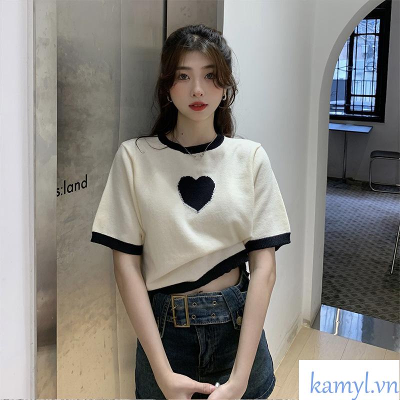 Áo Thun Dệt Kim Dáng Rộng Thời Trang Mùa Hè Cho Nữ hình trái tim Ngắn tay