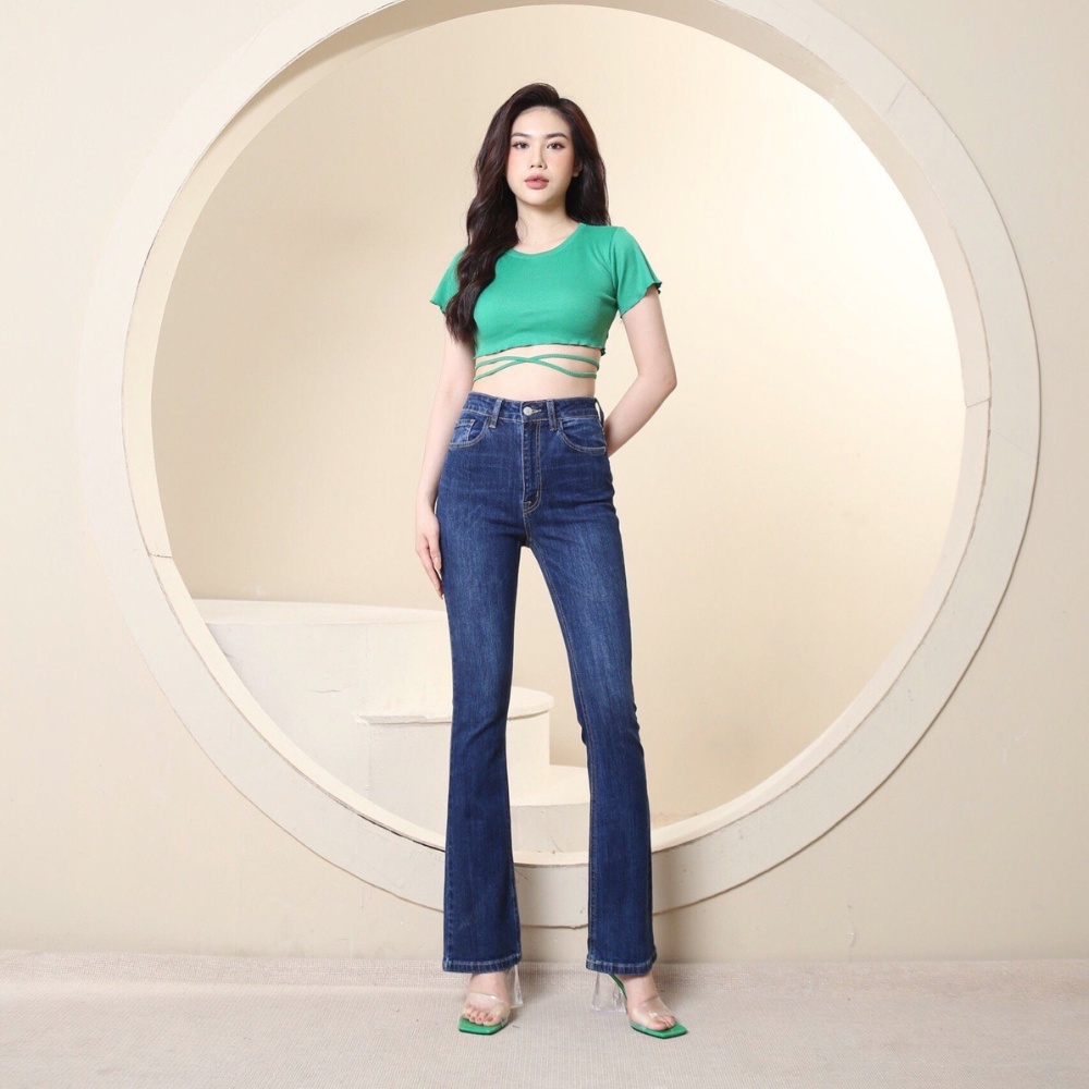 [DEAL] Quần Jean Nữ Ống Loe Lưng Cao Co Giãn Trơn Dài Quá Gót Gấu Thường HQJeans HQ53