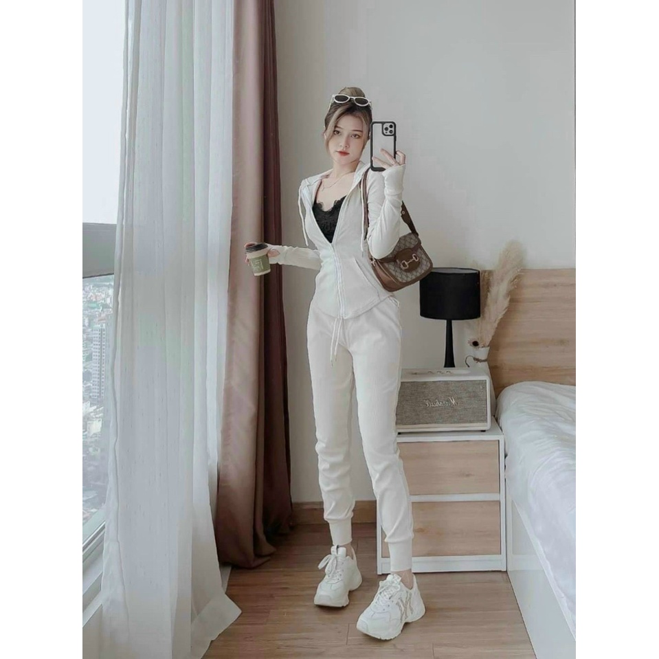 (Miễn Phí Ship 2022) Đồ bộ nữ,bộ thun gân tay dài khóa kéo có nón,lai áo bầu cực xinh kèm quần có túi