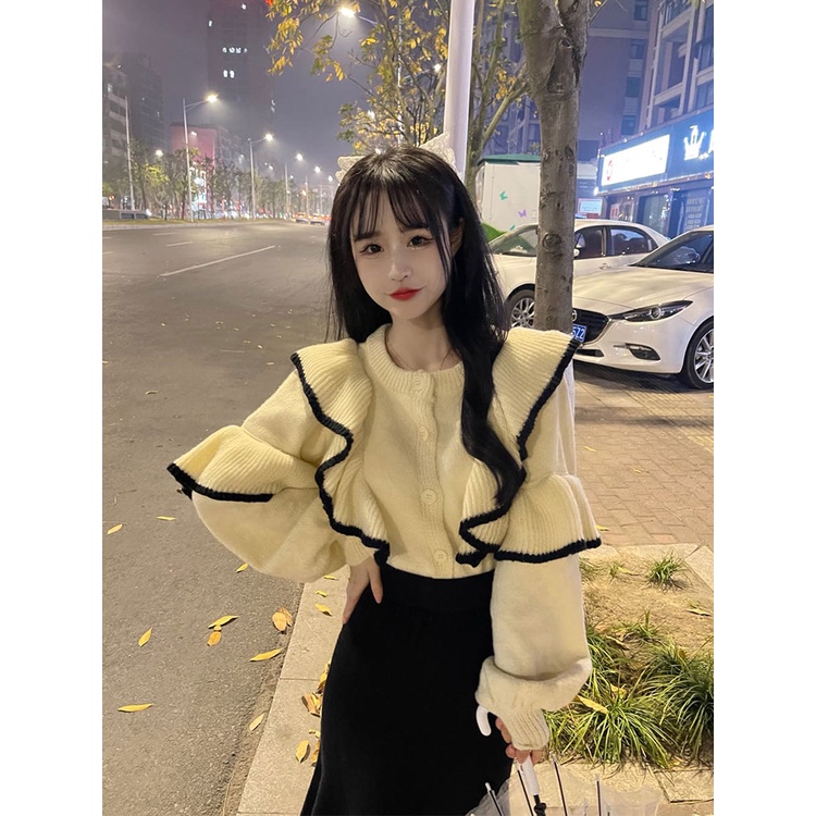 Áo len dài tay, Áo sweater tay phồng phối bèo nhún phong cách Hàn Quốc Phù hợp thu đông 2022